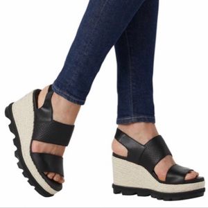 NWOB 🔥 Sorel Joanie II Slingback Women's Leather Sandals Wedge Black, Sz 8.5